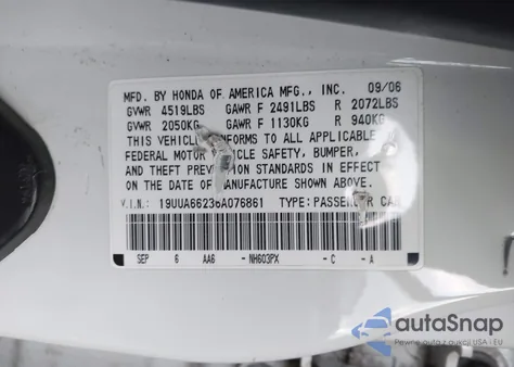 2006 Acura Tl from USA, damaged, VIN 19UUA66236A076861